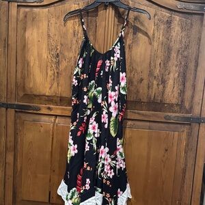 Black Floral Slip Dress swim cover up with Pink & Green Hibiscus Print